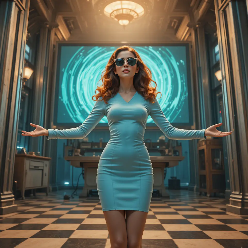 Young woman reaches toward glowing vintage cinema screen