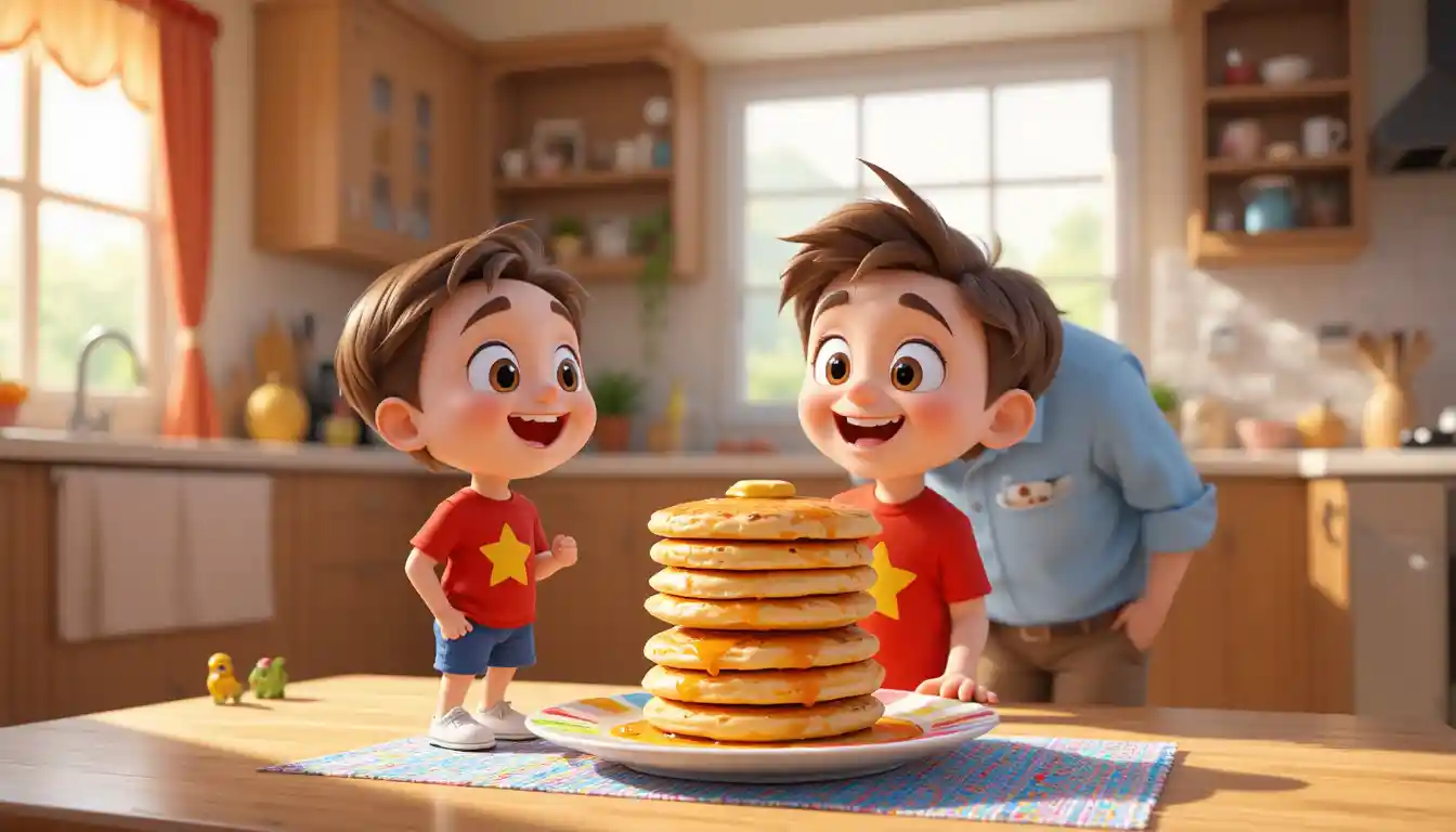 Little boy admiring pancakes with his playful father