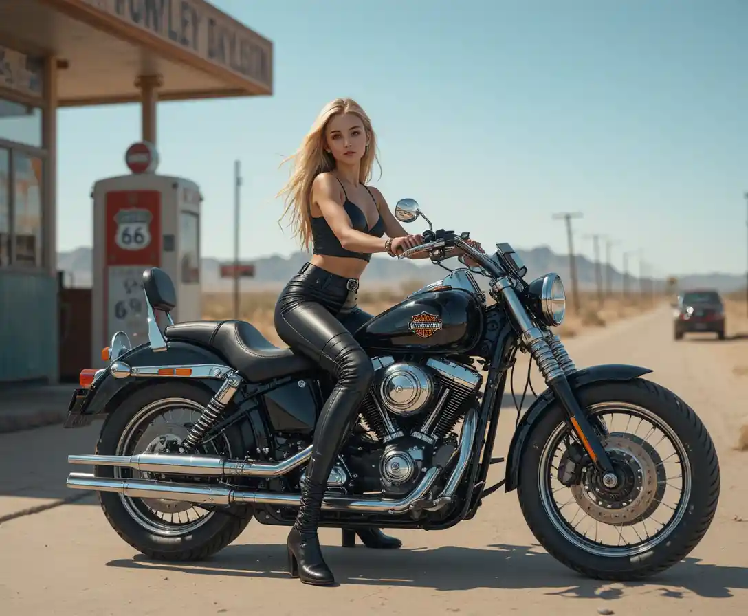 Joven chica motorista en moto en gasolinera del desierto
