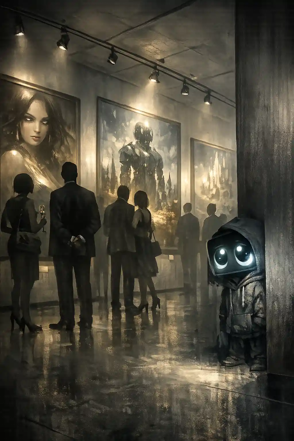 Galería satírica de pinturas resplandecientes y clientes sin rostro