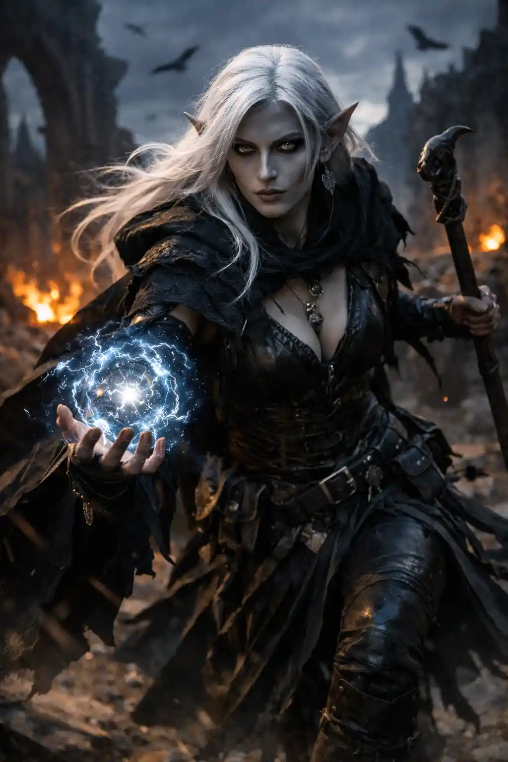 Dark elf enchantress with white hair in black robes