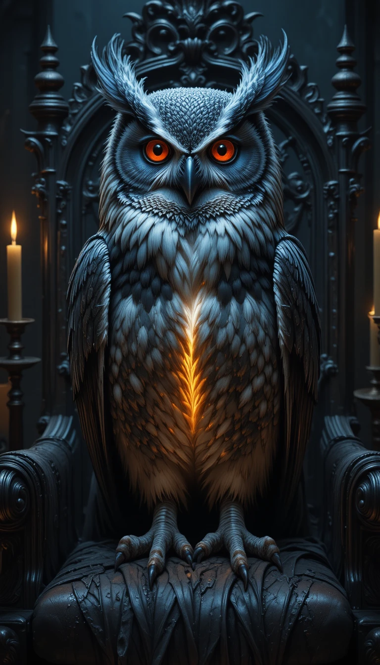 Majestic owl on gothic chair in glowing candlelit room