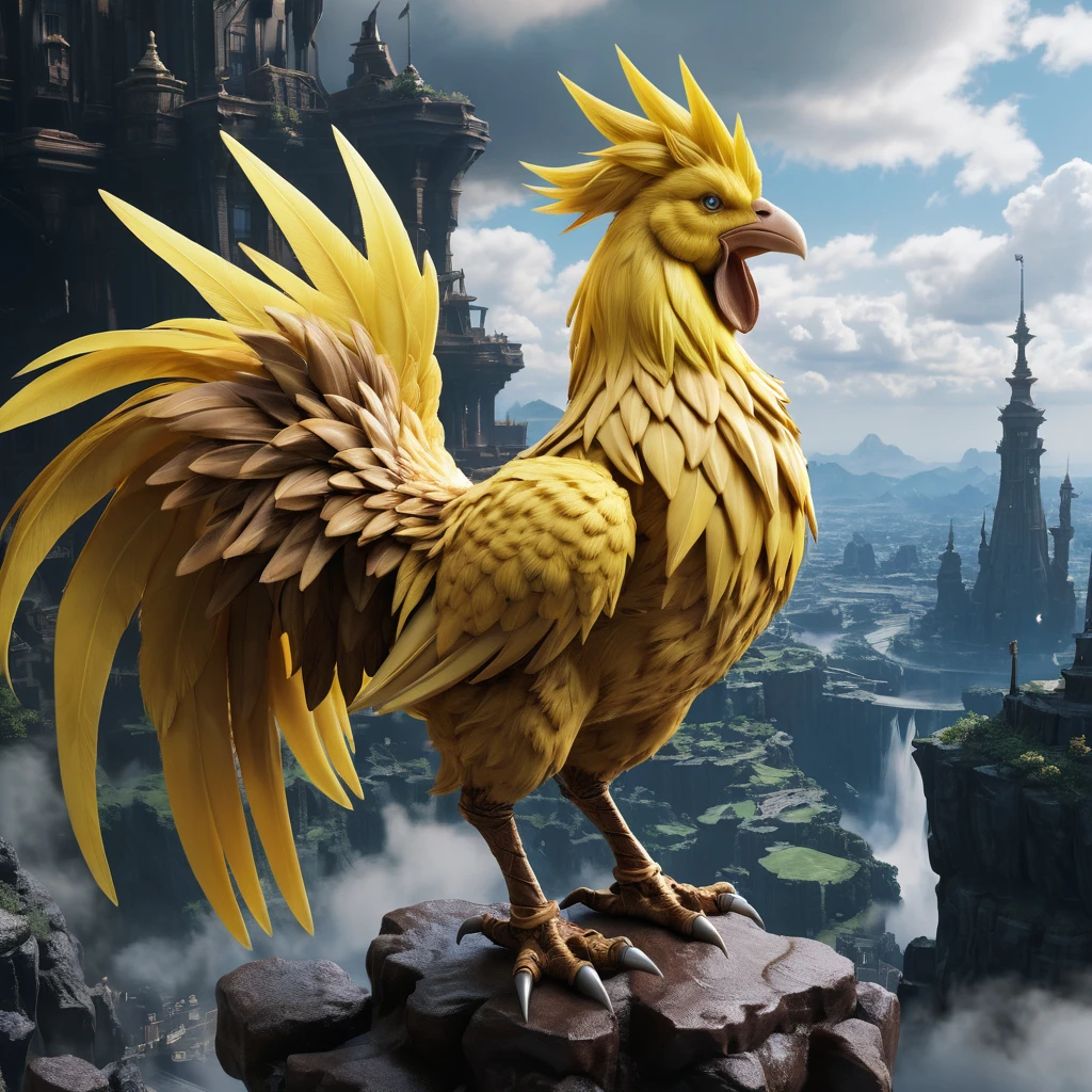 Hero riding a majestic yellow fantasy bird across landscape