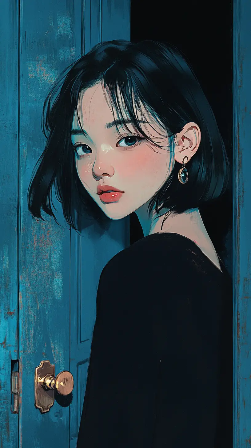 Smiling Asian girl peeking from a dark blue door