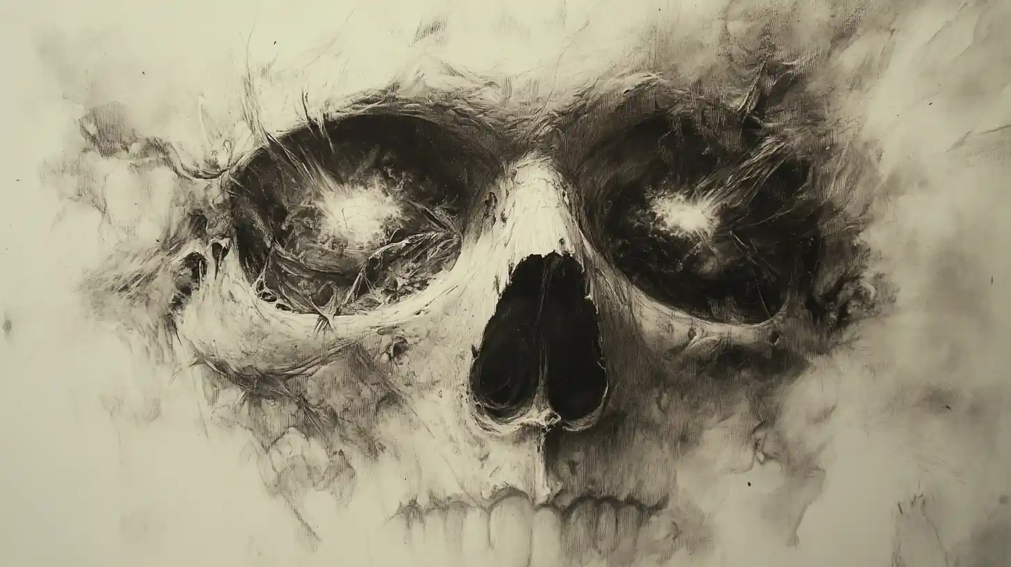Surreal charcoal skull with glowing eyes in abstract fire
