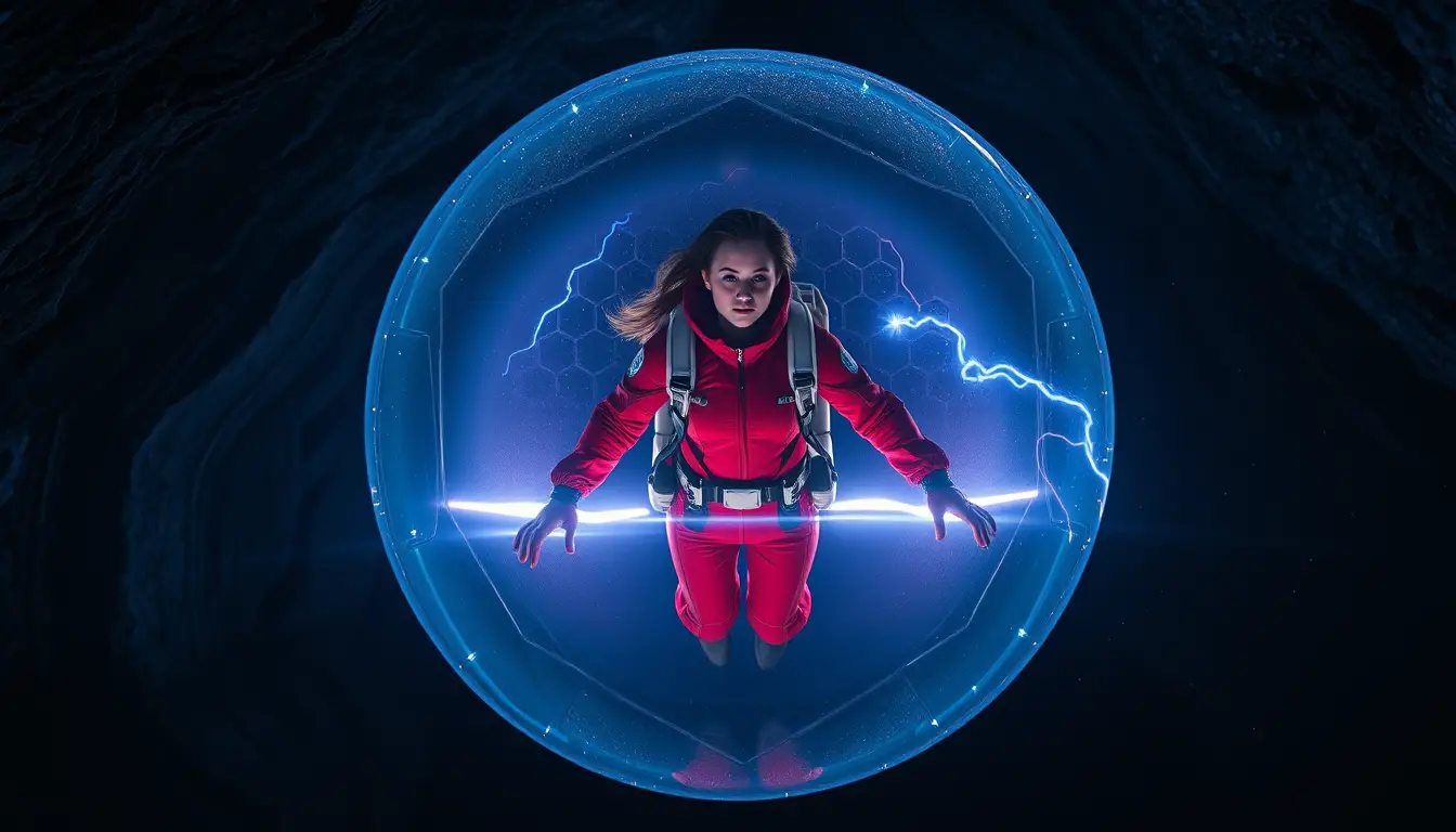 Woman floating in glowing energy shield inside dark cave