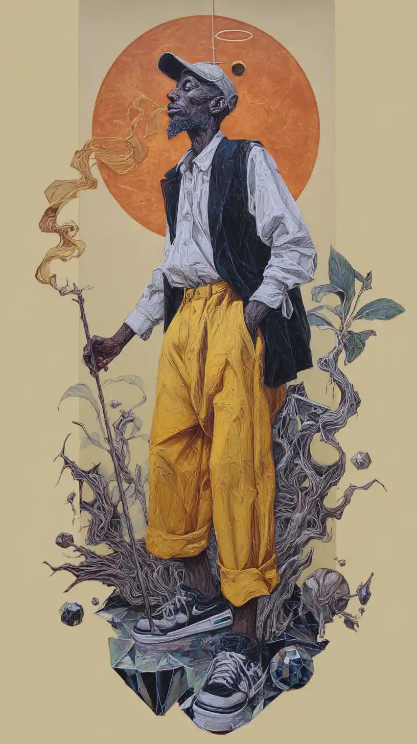 Retrato surrealista y dinámico de un hombre en caos simbólico