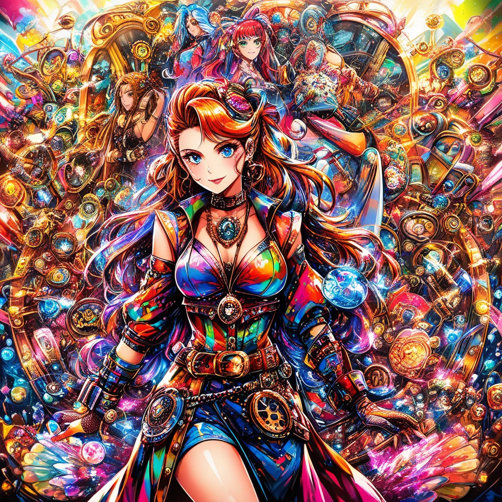 Steampunk girl glowing in vibrant neon colorful lights
