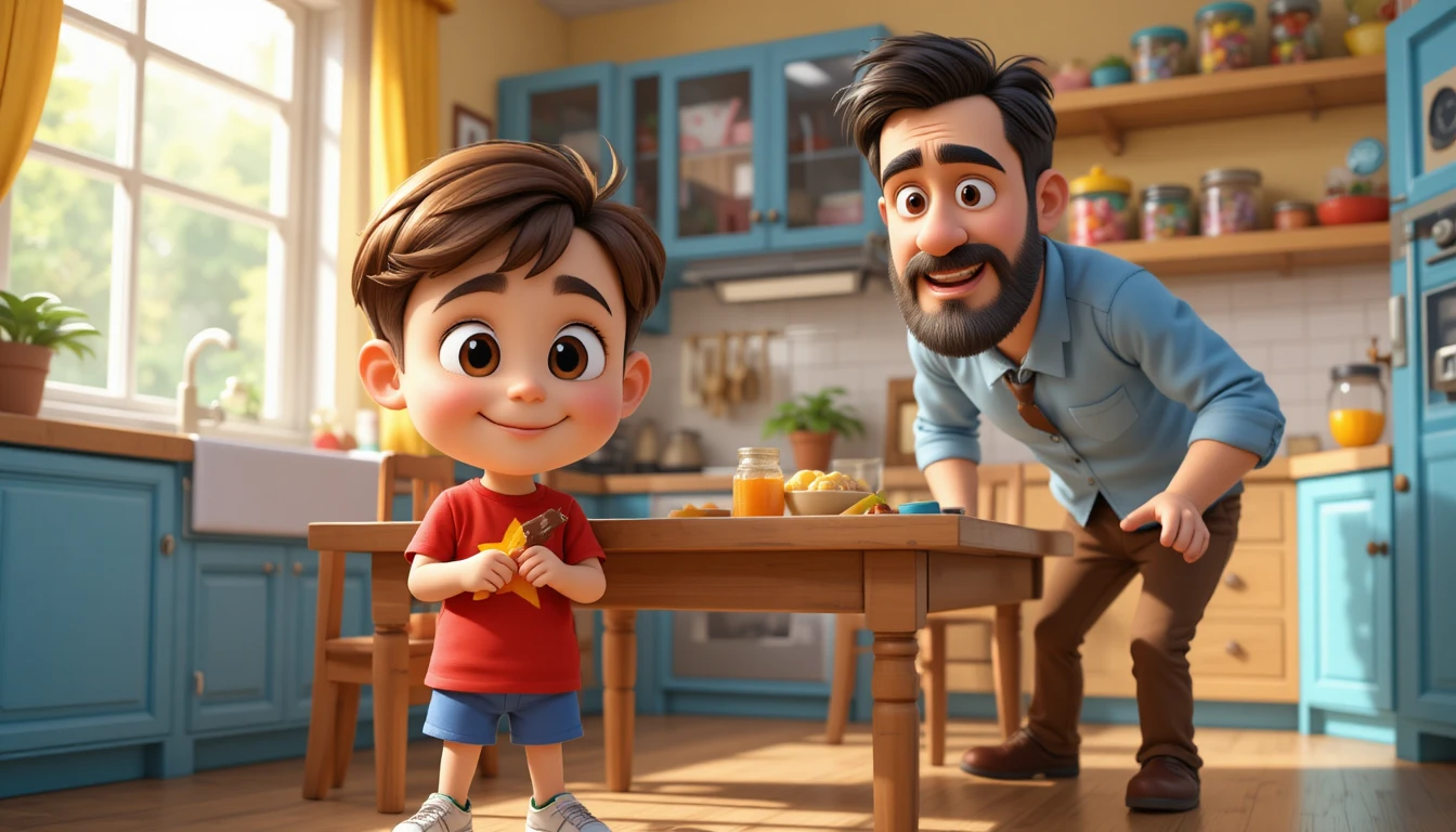 Little boy hiding chocolate from his suspicious father