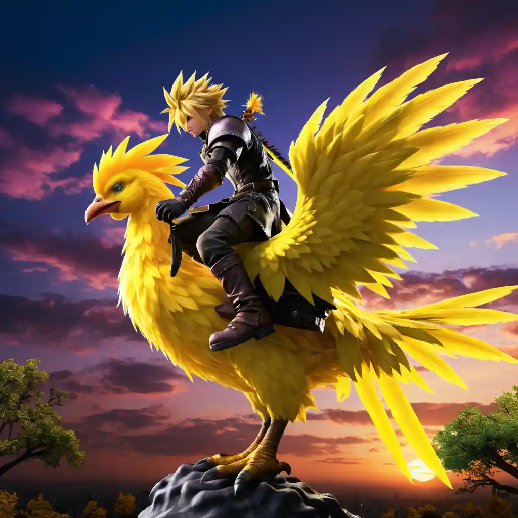 Eroe che cavalca un maestoso chocobo sotto un albero luminoso