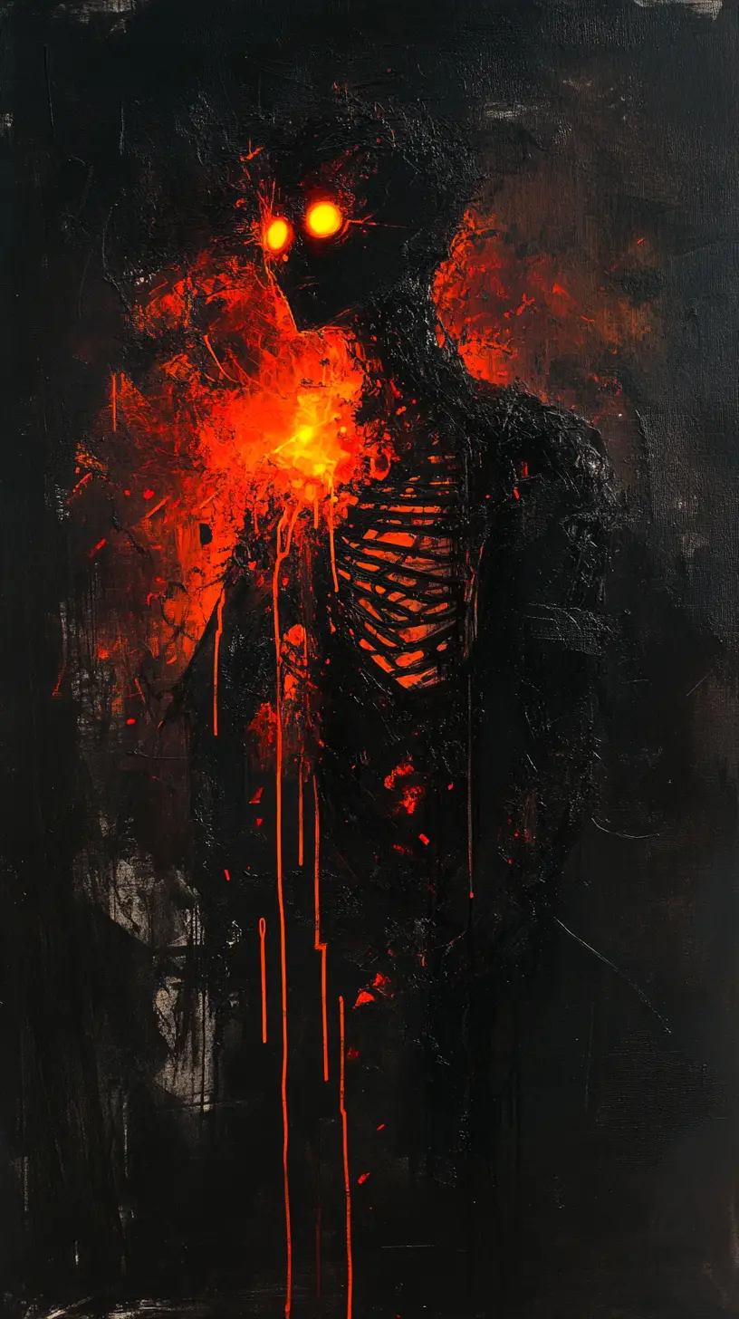 Mystical ribcage silhouette with glowing inner eyes drawing