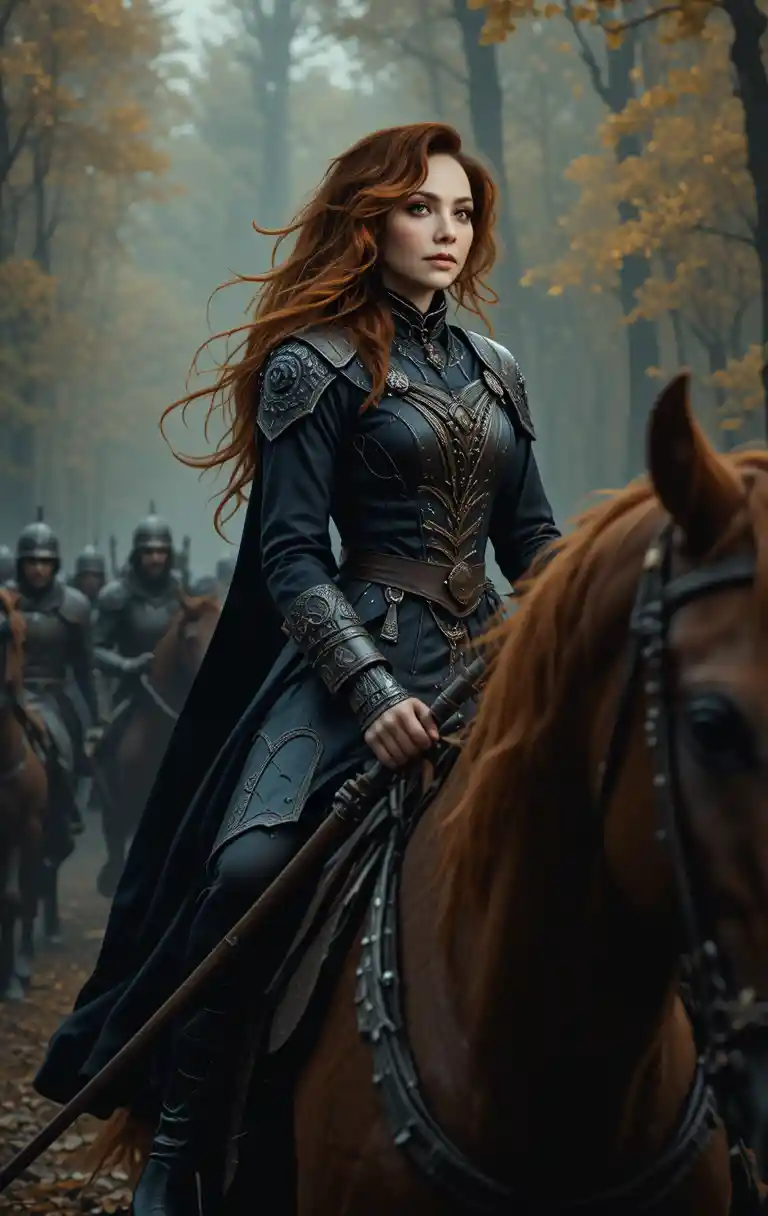 Red haired medieval assassin riding a warhorse in forest