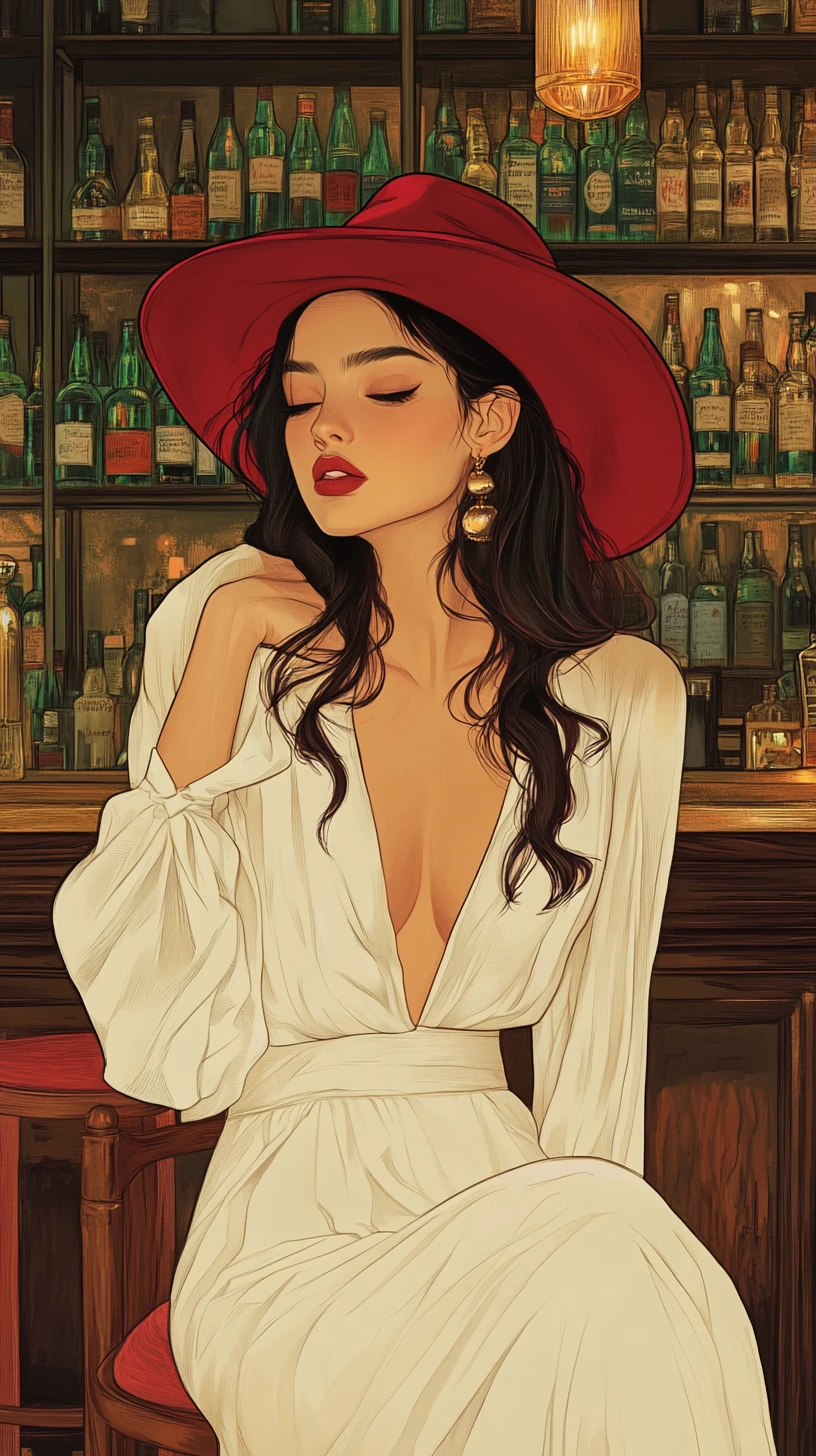 Pensive woman in red hat at vintage bar counter