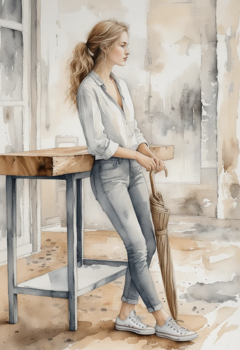 Watercolor of woman leaning on high table in rustic room