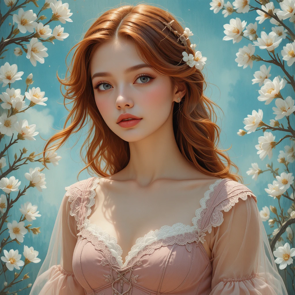 Young woman in dusty rose dress among white blossoms