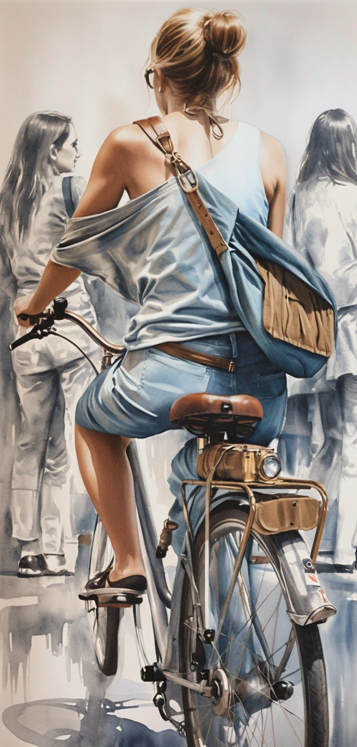 Blonde woman on city bike viewed from behind in summer