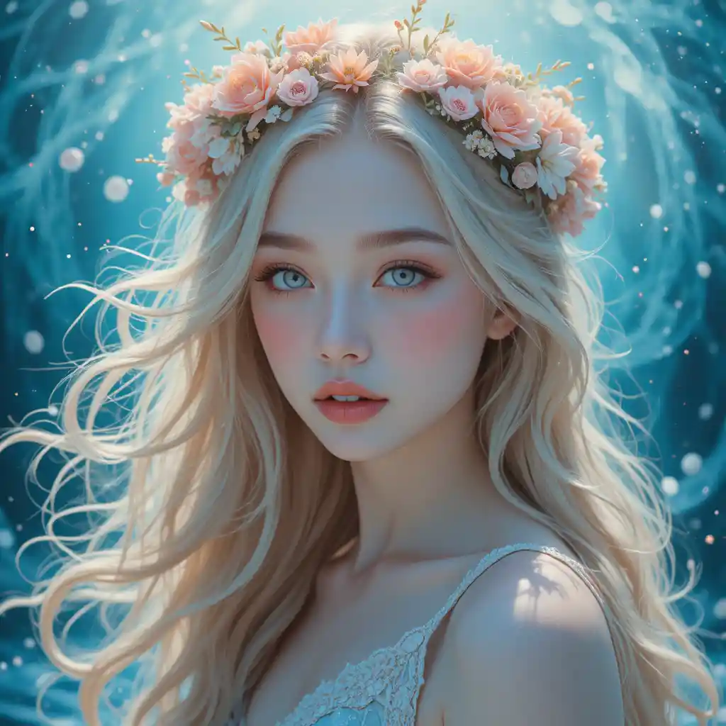 Dreamy floral crowned girl above swirling blue water