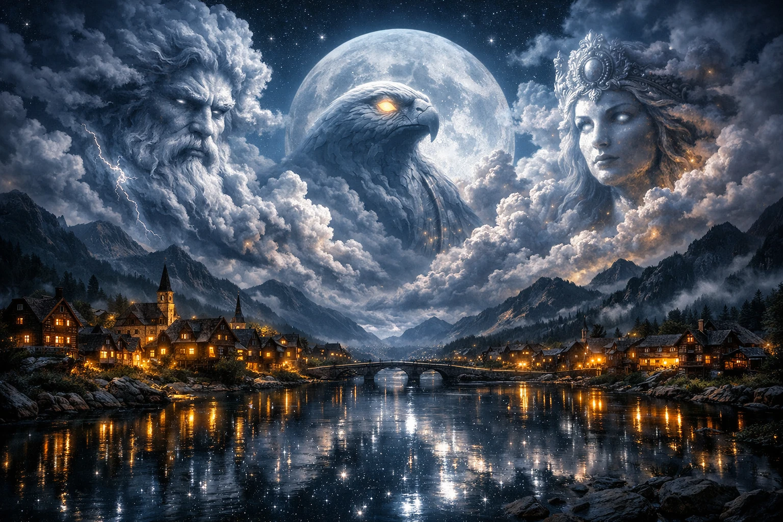 Surreal moonlit gods watching over a mountain village