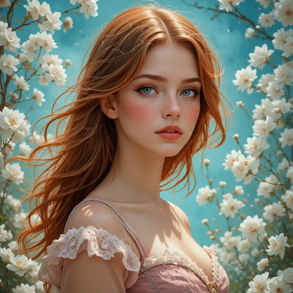 Young woman in dusty rose dress among white blossoms