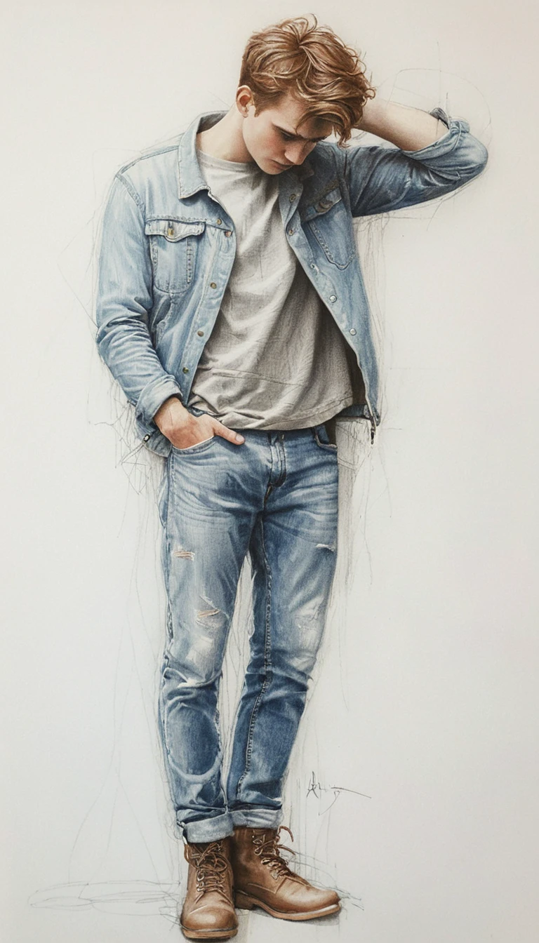 Disegno a matita a figura intera di un giovane in outfit casual di jeans