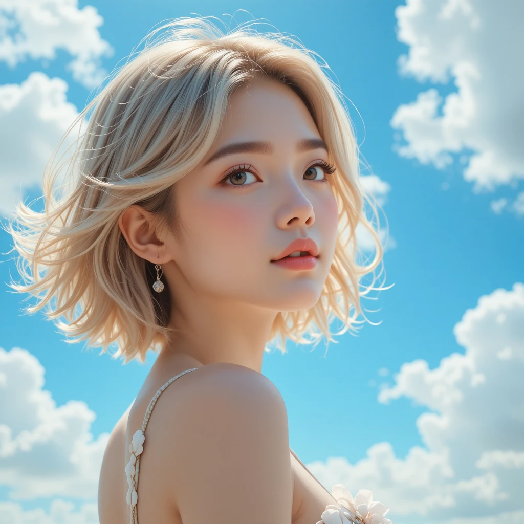 Dreamy anime girl portrait beneath a bright blue sky