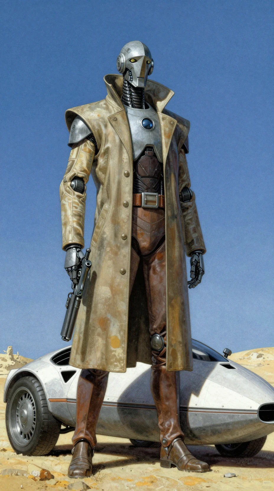 Tall robed humanoid robot with blaster beside speeder bike
