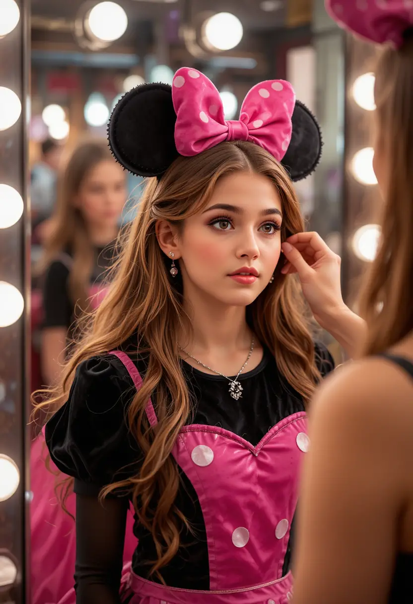 Young boy in pink Minnie dress at boutique makeup mirror