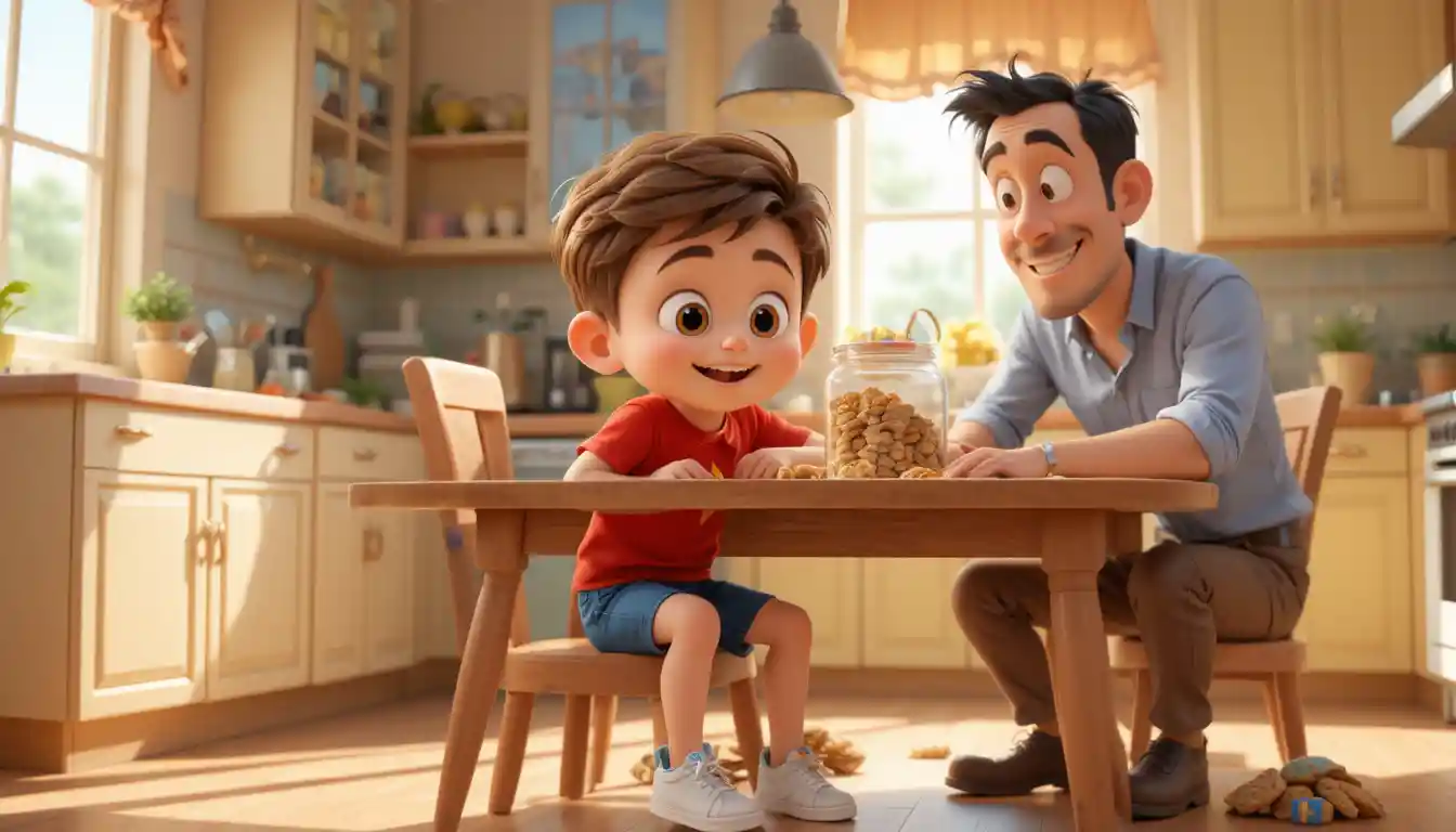 Father playfully checks Johny for hidden breakfast cookies