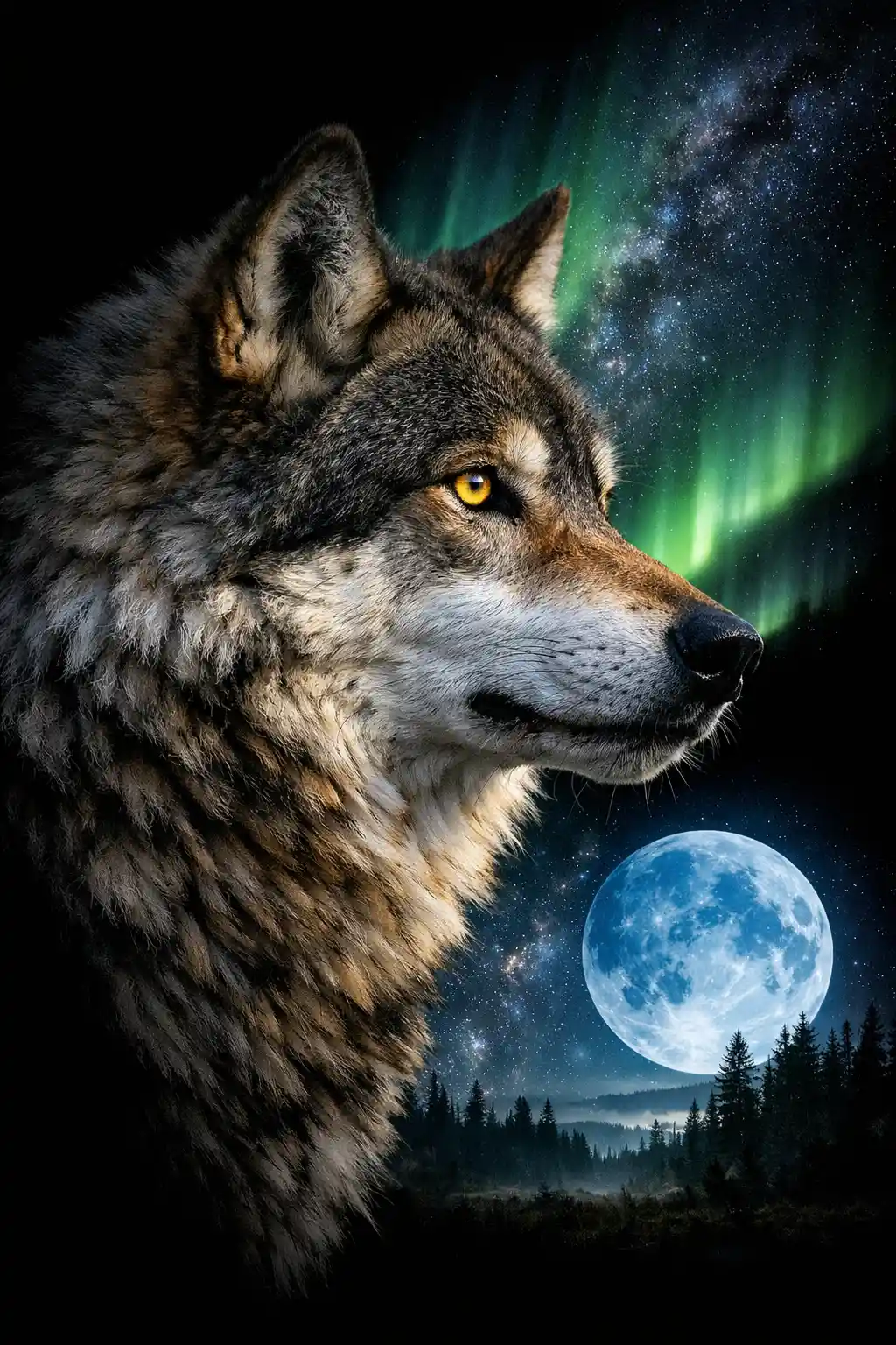 Nahaufnahme eines Wolfs vor nächtlichem Mondhimmel