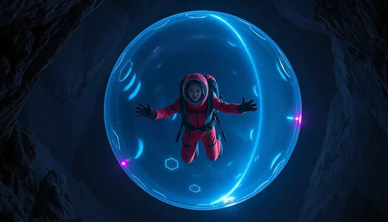Woman in plasma energy shield inside dark basalt cave