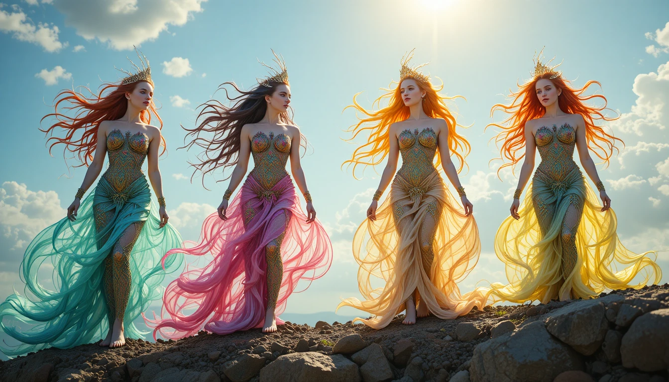 Cuatro sirenas coloridas de pie en una costa rocosa bañada por el sol