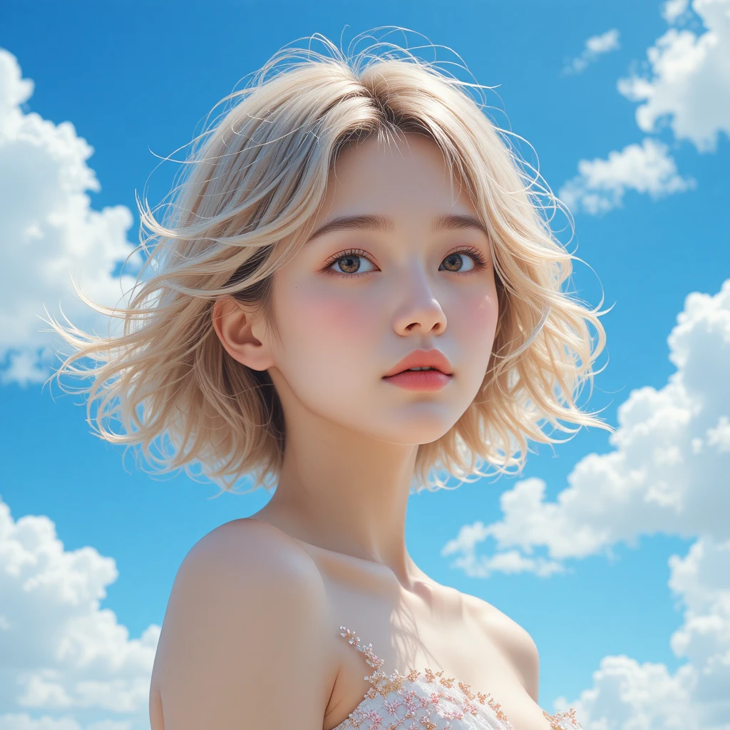 Anime girl portrait under a bright blue sky