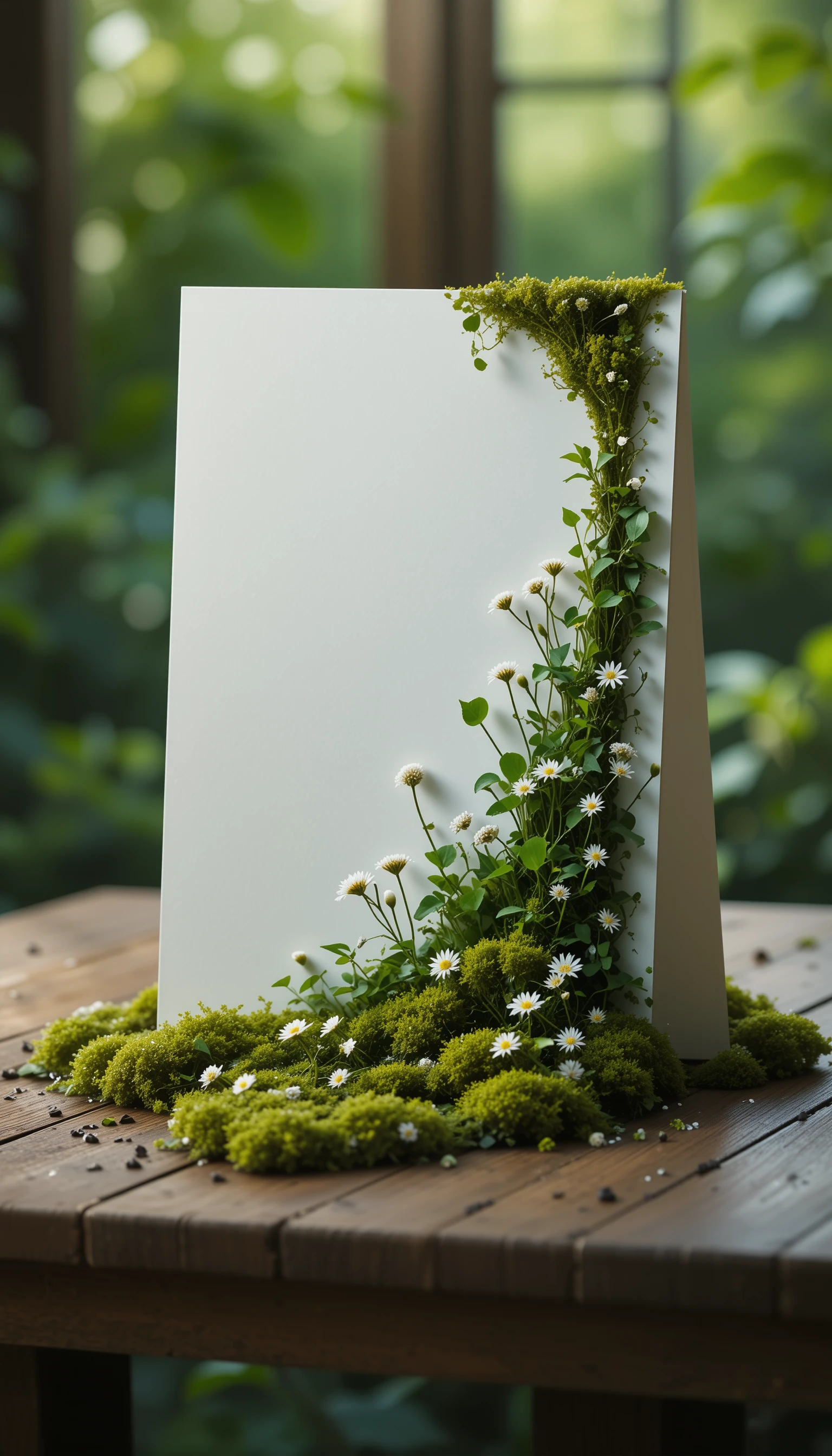 Papel se transformando em folhas verdes exuberantes sobre mesa de madeira