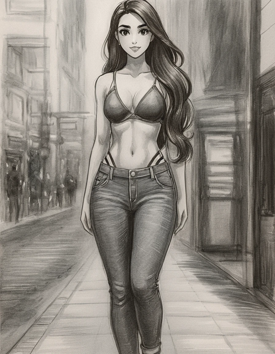 Full body anime woman in graphite standing in hallway