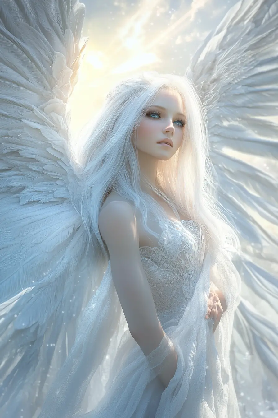 Ethereal angelic woman wrapped in luminous white wings