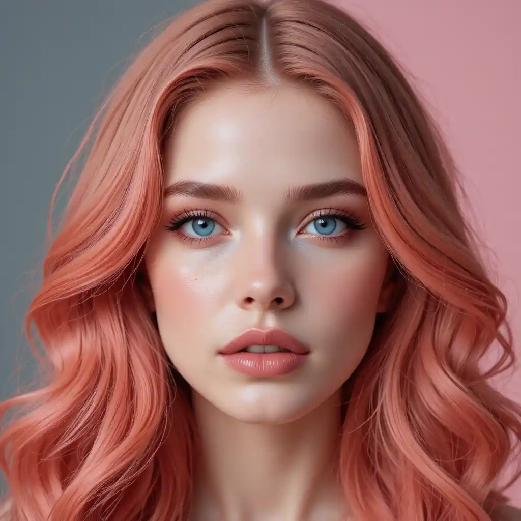 Young woman close up with coral pink wavy hair