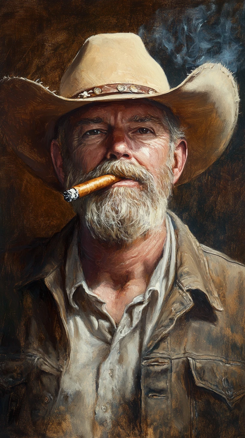 Vaquero barbudo fumando un cigarro en retrato al óleo dramático
