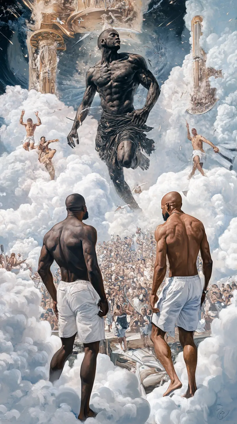 Powerful black man and dark deity above cloudscape chaos