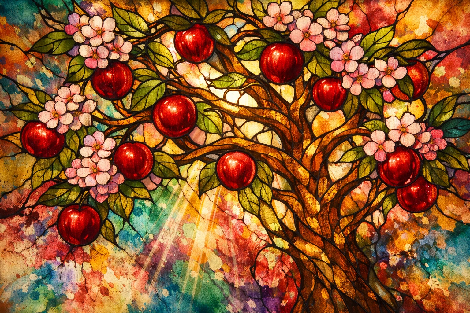 Stained Glass Apple Tree In Bloom With Abstract Colors