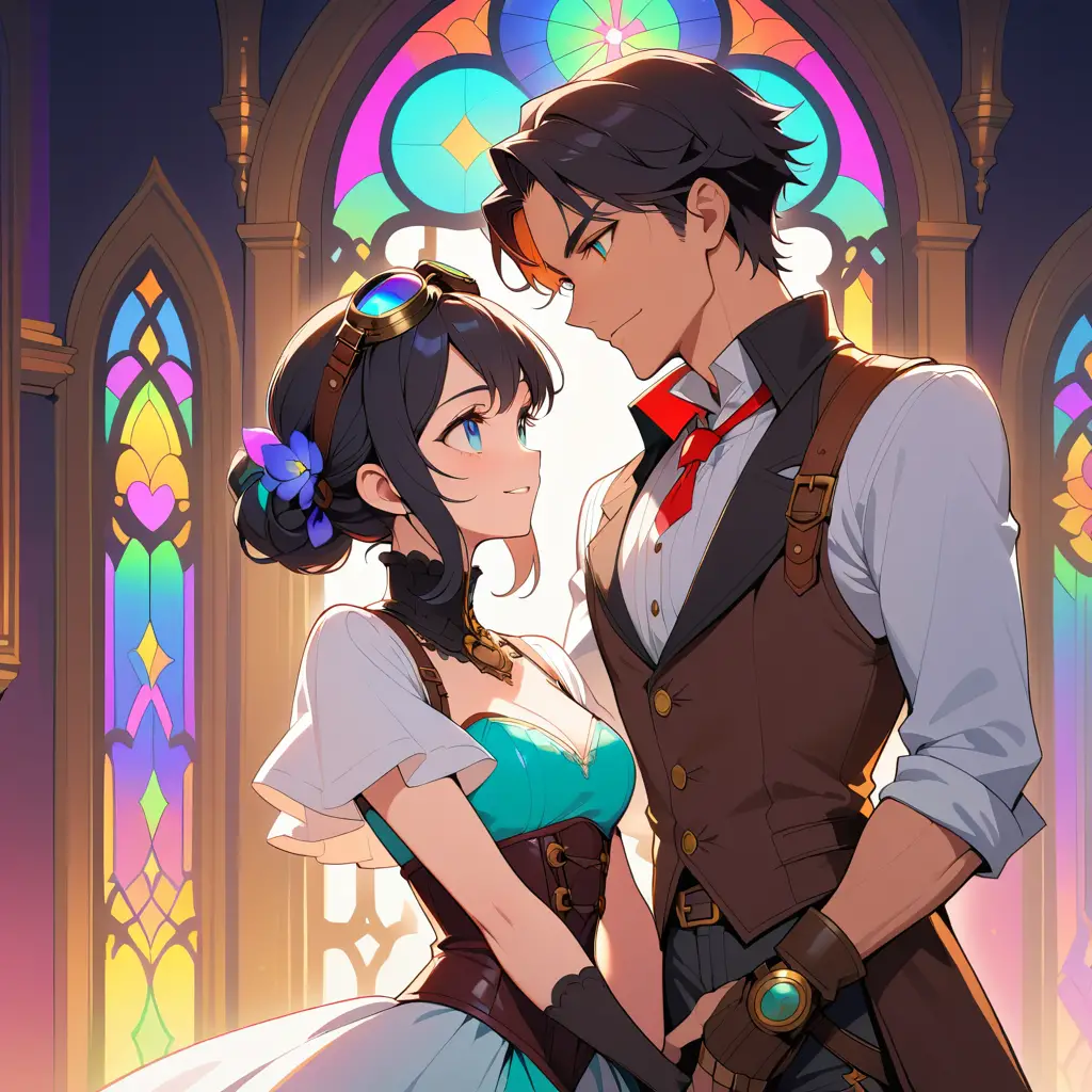 Steampunk couple before neon lit Victorian mansion at dusk