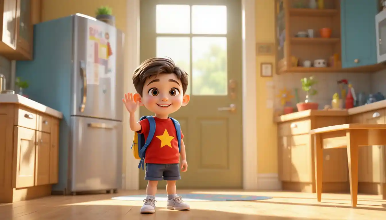 Bambino con zaino che saluta in una cucina luminosa