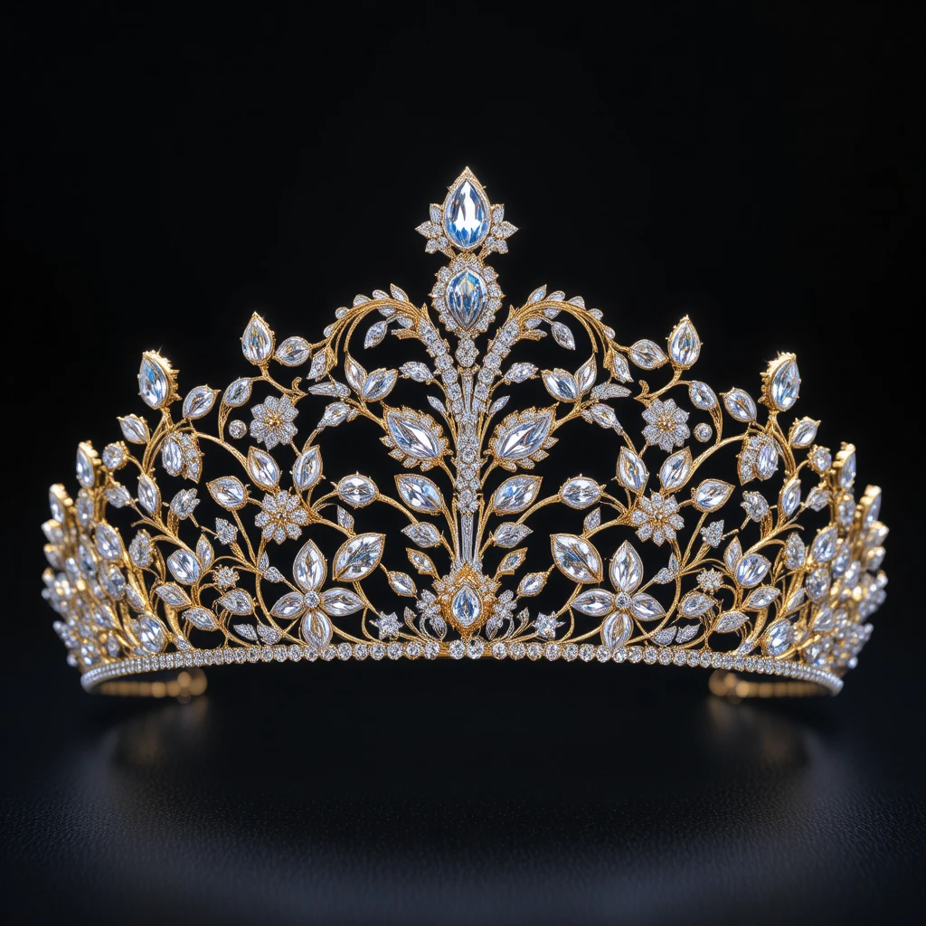 Gold floral tiara with sparkling crystals on black background
