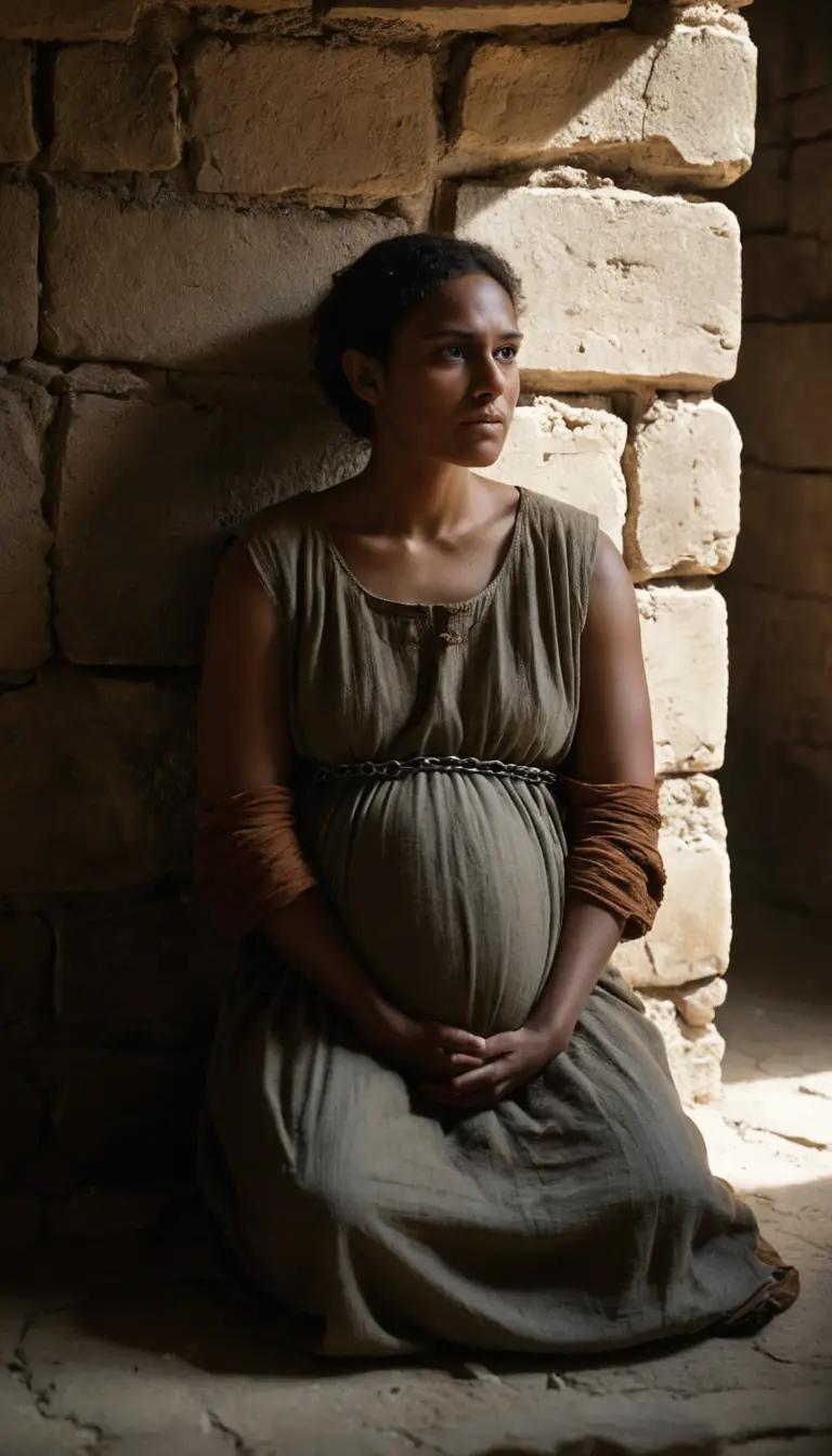 Pregnant prisoner in Roman cell bathed in narrow sunlight