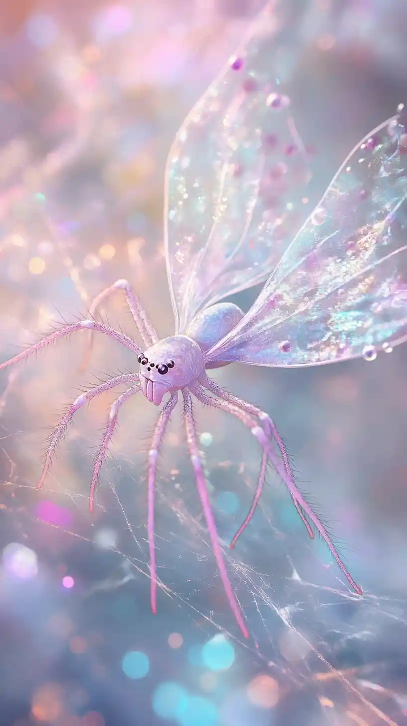 Creatura fata-ragno magica in un paesaggio onirico dal bagliore soffuso