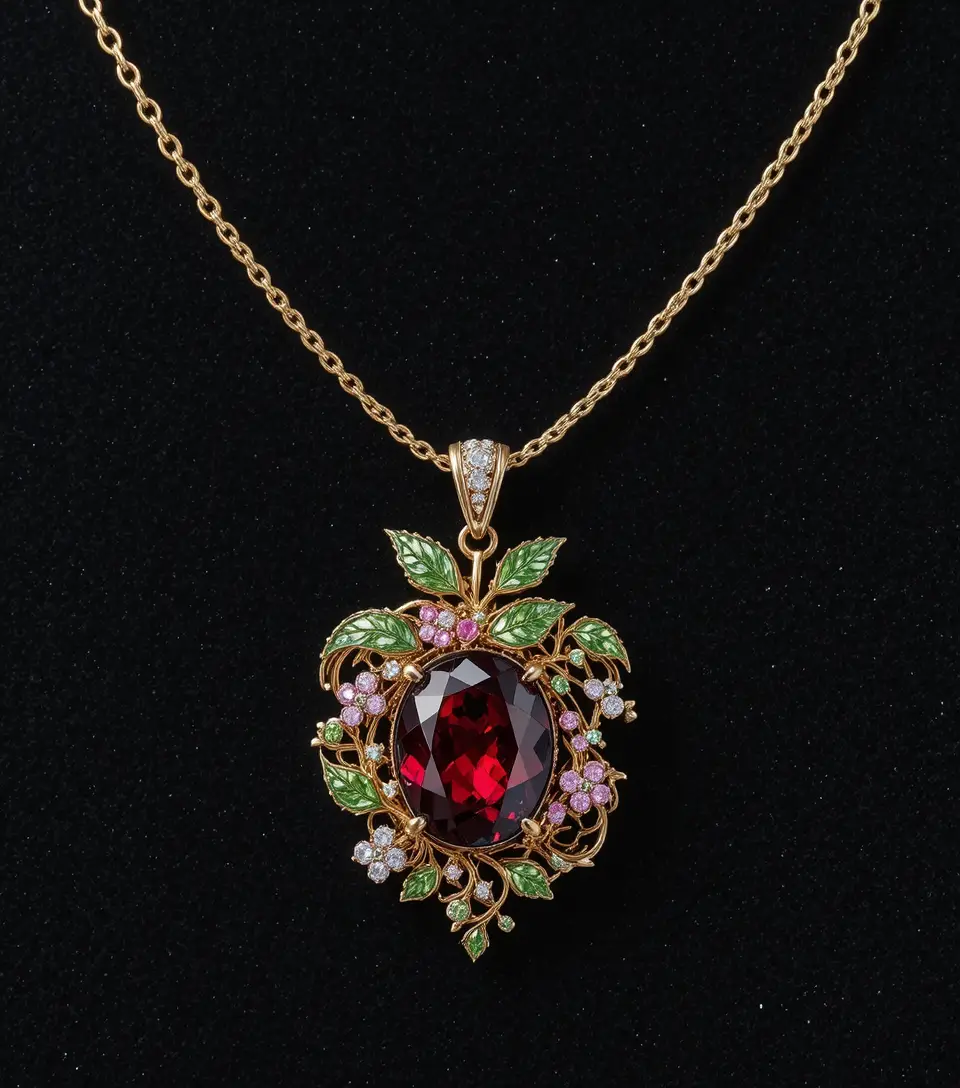 Gold necklace with apple garnet pendant on black velvet