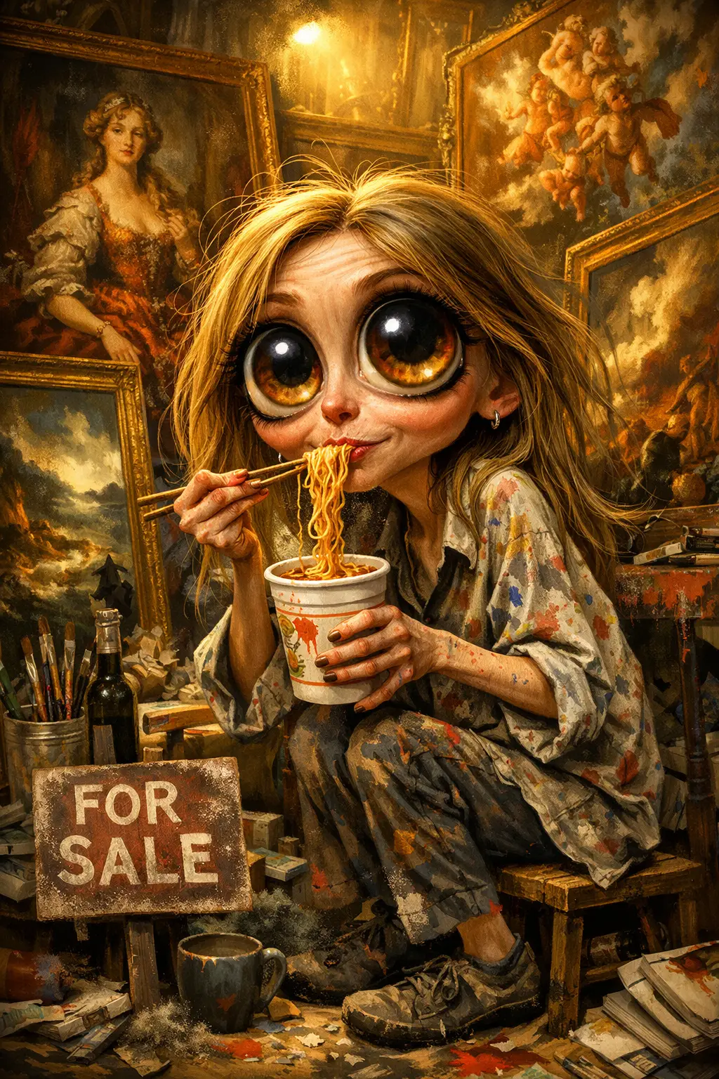 Artista femenina comiendo fideos en un estudio de pintura desordenado