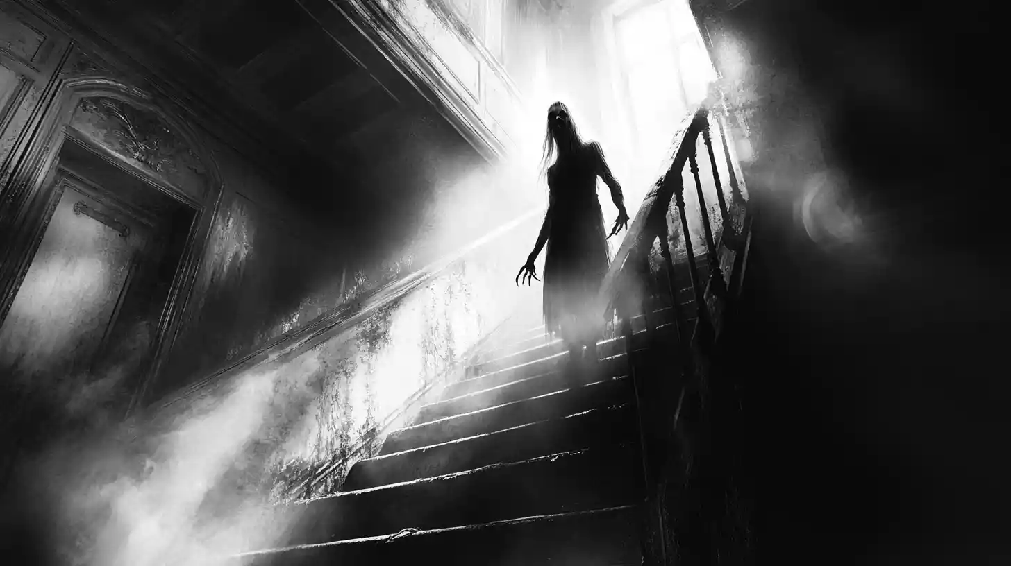 Lone explorer confronts ghost on stairs in dark mansion