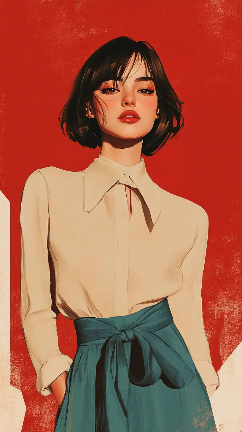 Stylish woman in teal skirt against bold red poster background