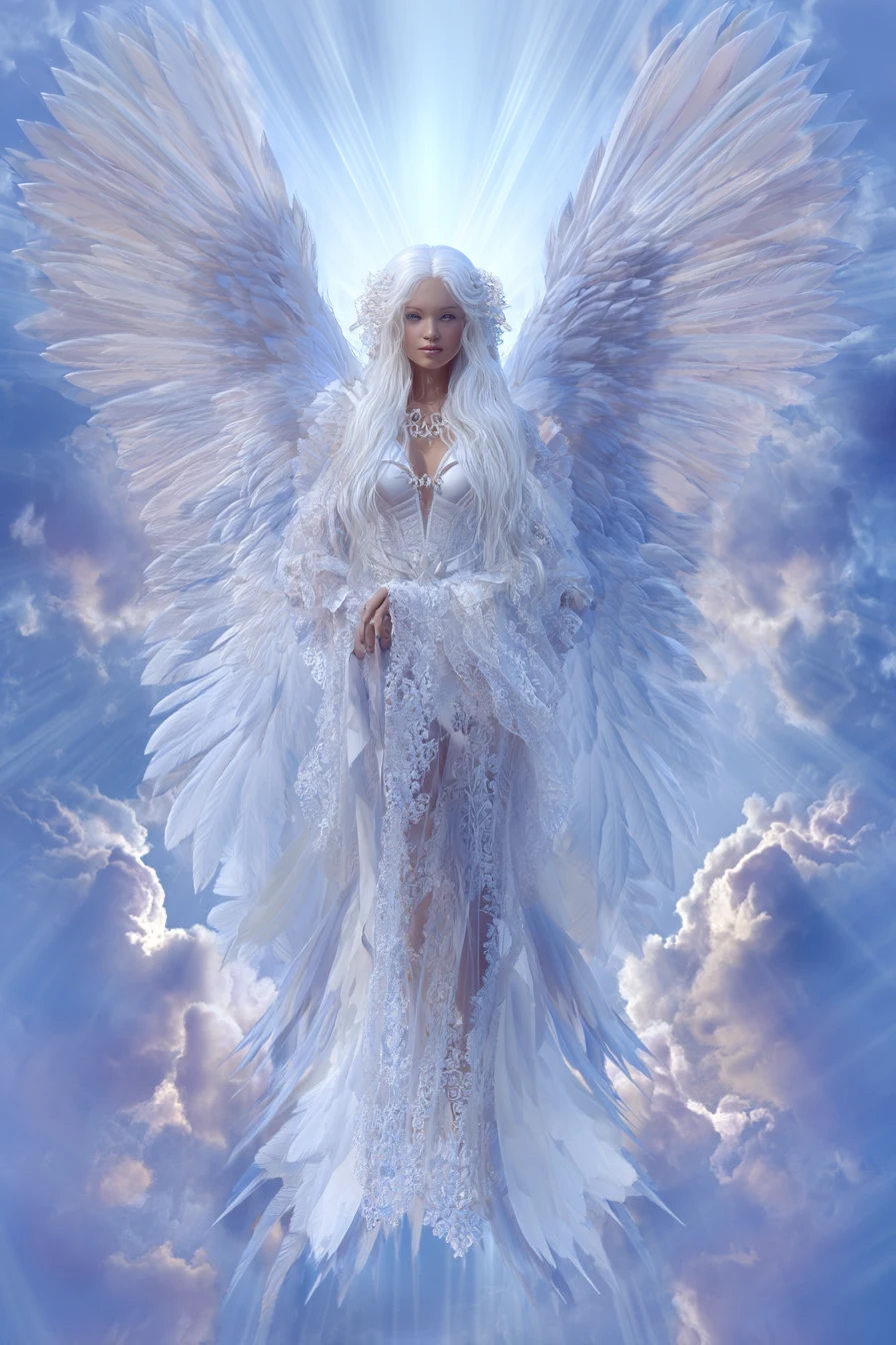 Ethereal angelic woman wrapped in luminous white wings