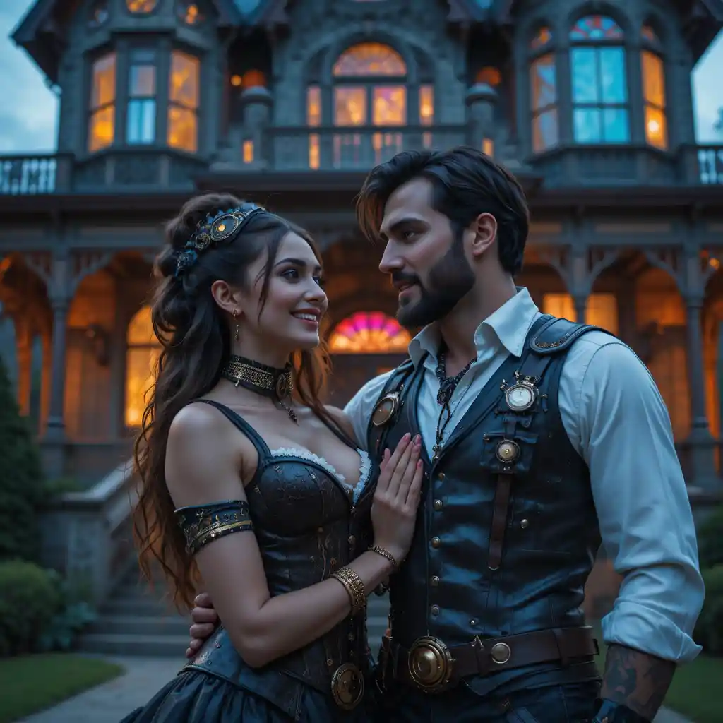 Steampunk-Paar vor neonbeleuchtetem viktorianischem Herrenhaus